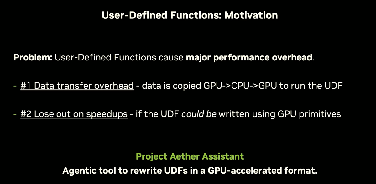 UDFs force full GPU→CPU PCIe round trip including columnar-to-row conversion