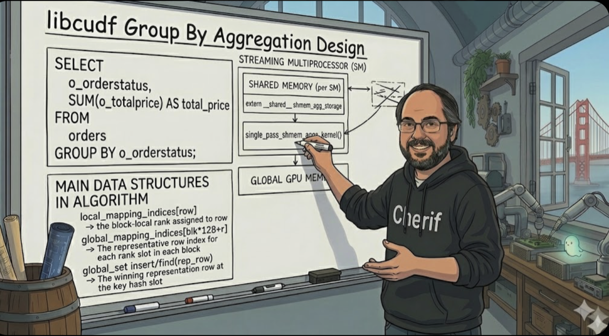 data flow animation of author explaining libcudf GroupBy hash-aggregat on a whiteboard